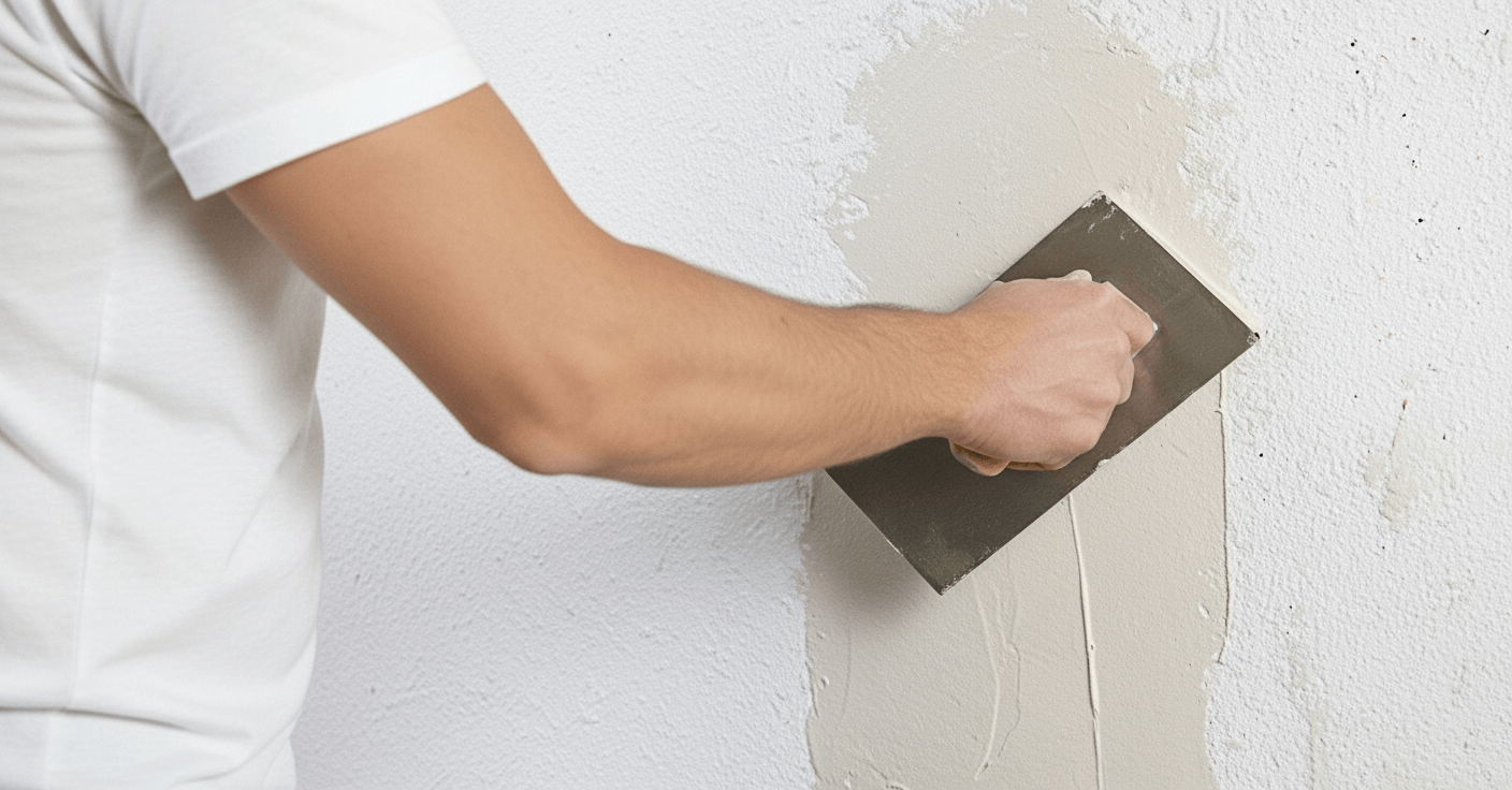Aplicació professional de massilla beix en paret per allisar la superfície, assegurant un acabat impecable abans de pintar.