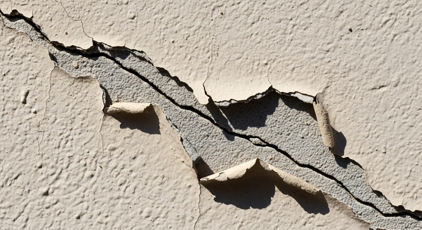Primer pla d'una paret amb pintura esquerdada i despresa, un senyal clar de deteriorament.