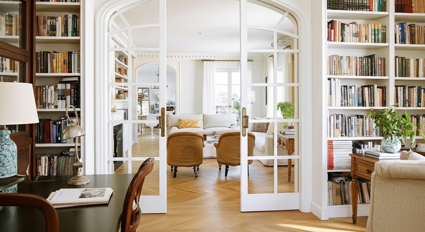 Parets i marcs de portes de vidre pintats en blanc pur, amb un acabat impecable i professional que irradia netedat i lluminositat en aquest espai clàssic.