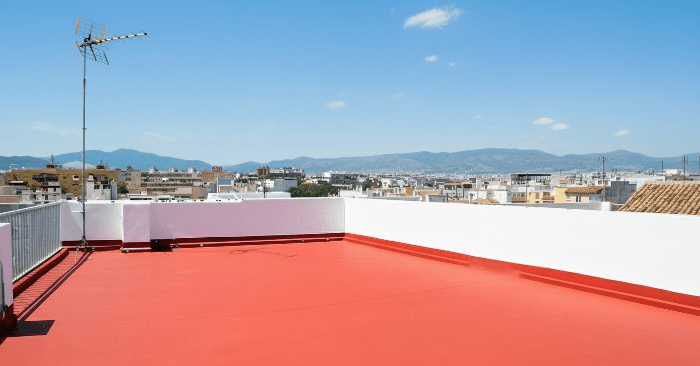 Terrat amb sòl impermeabilitzat i pintat professionalment en color vermell teula vibrant, i parets perimetrals blanques impol·lutes.