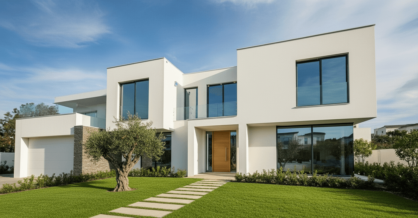 Façana de vivenda unifamiliar moderna amb pintura exterior blanca d'acabat impecable, ressaltant la netedja i un treball professional d'alta qualitat.