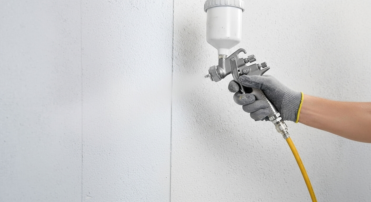 Paret d'interior pintada en blanc amb pistola polvoritzadora, mostrant una aplicació uniforme i un acabat professional i net.