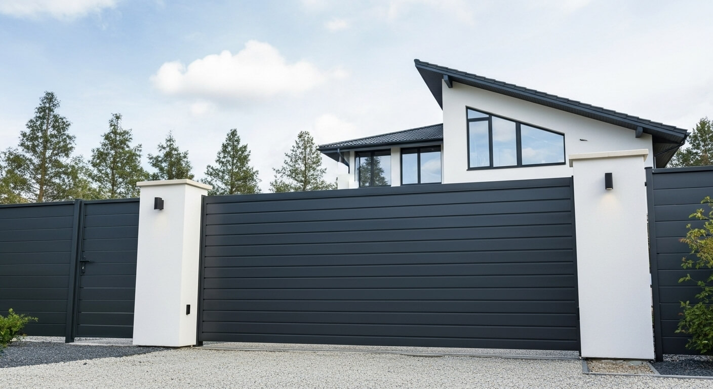 Façana de casa moderna i pilars pintats en blanc pur, contrastant amb una elegant tanca i porta en gris antracita. Acabat exterior impecable i professional.
