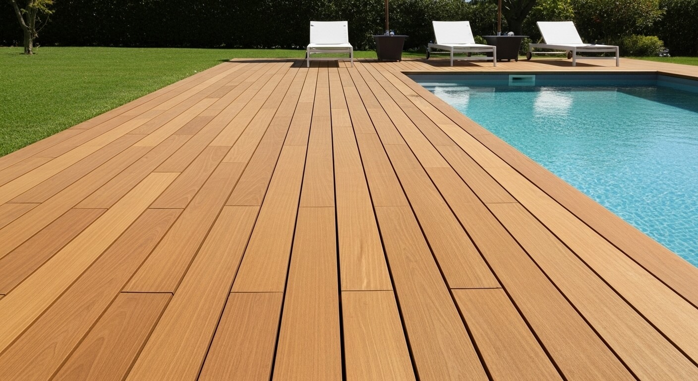 Tarima de fusta exterior al voltant de piscina, amb acabat natural protector, realçant la netedja i uniformitat de l'espai amb un toc professional.