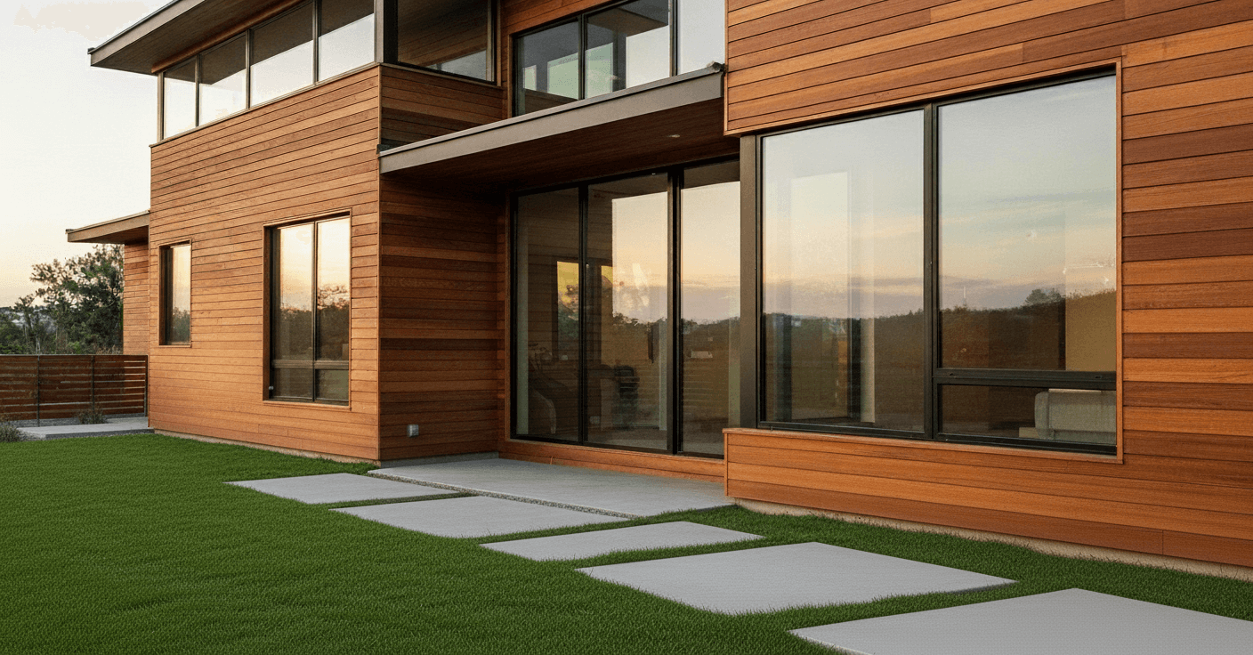Exterior d'habitatge modern amb façana de llistons de fusta, grans finestrals foscos i jardí, reflectint un acabat impecable i professional.